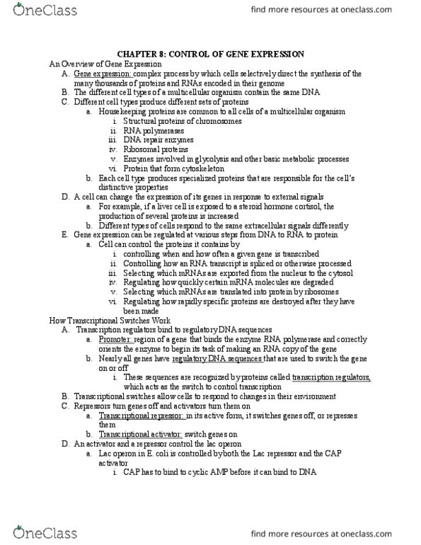 BIL 255 Chapter Notes - Chapter 8: Lac Repressor, Regulatory Sequence, Lac Operon thumbnail