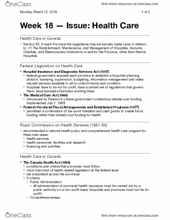 Political Science 2230E Lecture Notes - Lecture 19: Canada Health Act, Canada Health Transfer, Level Set thumbnail
