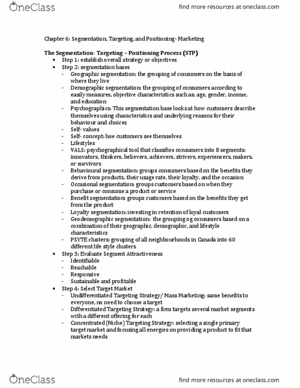 MKT 100 Chapter Notes - Chapter 6: Geodemographic Segmentation, Psychographic, Mass Customization thumbnail