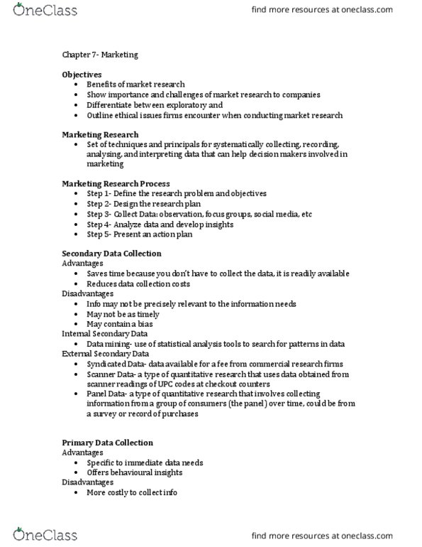 MKT 100 Chapter Notes - Chapter 7: Data Mining, Ethnography thumbnail