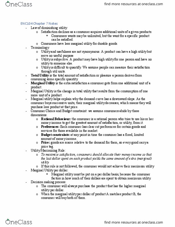 ECN 104 Chapter Notes - Chapter 7: Marginal Utility, Budget Constraint, Demand Curve thumbnail