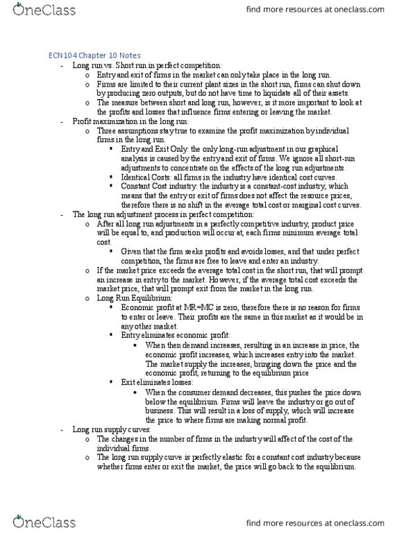 ECN 104 Chapter Notes - Chapter 10: Average Cost, Economic Equilibrium, Perfect Competition thumbnail