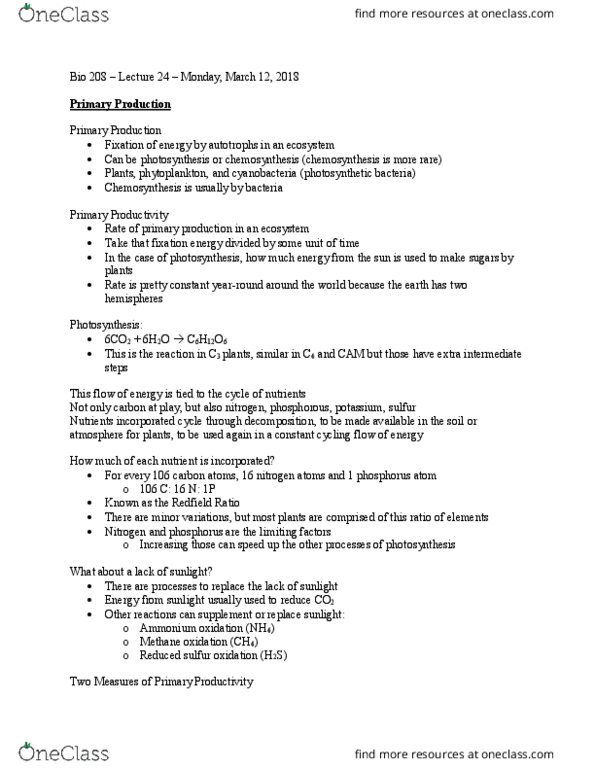 BIOL208 Lecture Notes - Lecture 24: Redfield Ratio, Chemosynthesis, Cyanobacteria thumbnail