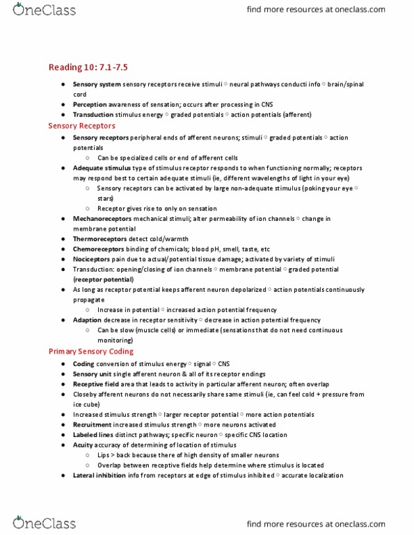 CAS BI 315 Chapter Notes - Chapter 7.1-7.5: Afferent Nerve Fiber, Receptive Field, Lateral Inhibition thumbnail