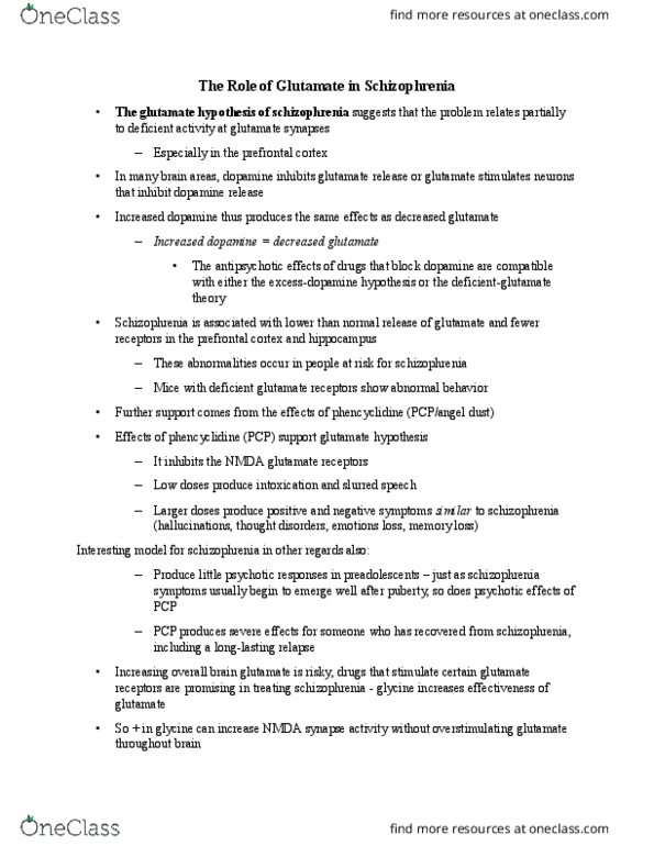 CAS PS 231 Lecture Notes - Lecture 9: Glutamate Hypothesis Of Schizophrenia, Prefrontal Cortex, Antipsychotic thumbnail