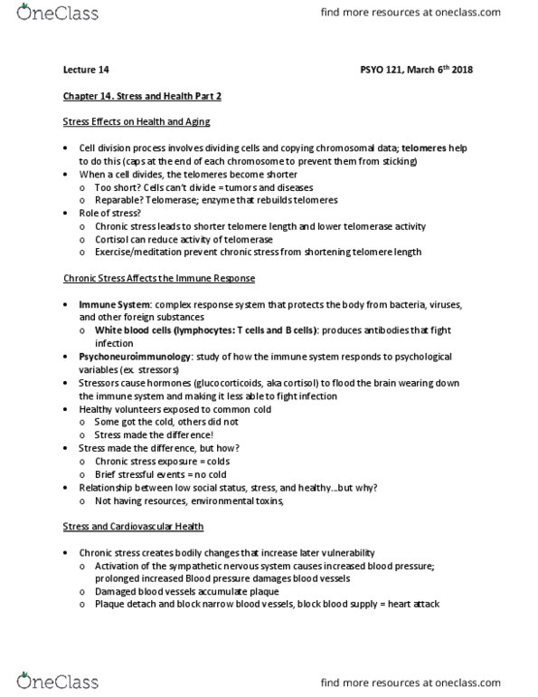 PSYO 121 Lecture Notes - Lecture 14: Sympathetic Nervous System, Telomerase, Telomere thumbnail