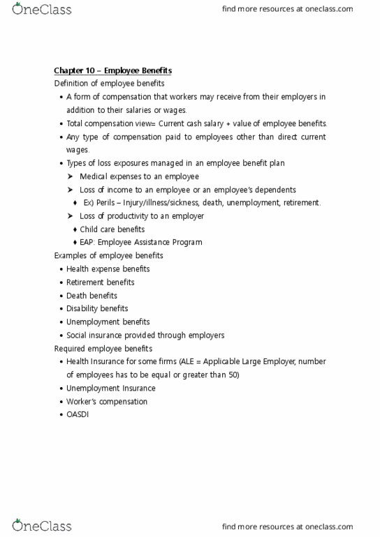 RMI 2101 Chapter Notes - Chapter 10: Employee Benefits, Unemployment Benefits, Social Insurance thumbnail