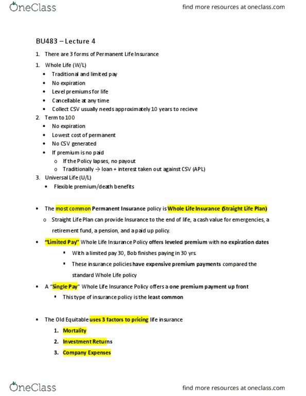 BU483 Lecture Notes - Lecture 4: Whole Life Insurance, Life Insurance, Term Life Insurance thumbnail