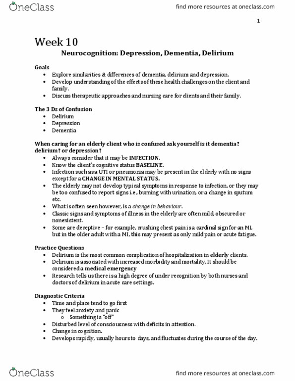 Nursing 3920A/B Lecture Notes - Lecture 10: Dementia, Sputum, Attention thumbnail