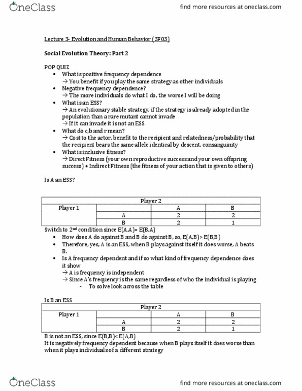 PSYCH 3F03 Lecture Notes - Lecture 3: Evolutionarily Stable Strategy, Inclusive Fitness, Maximum Capacity thumbnail
