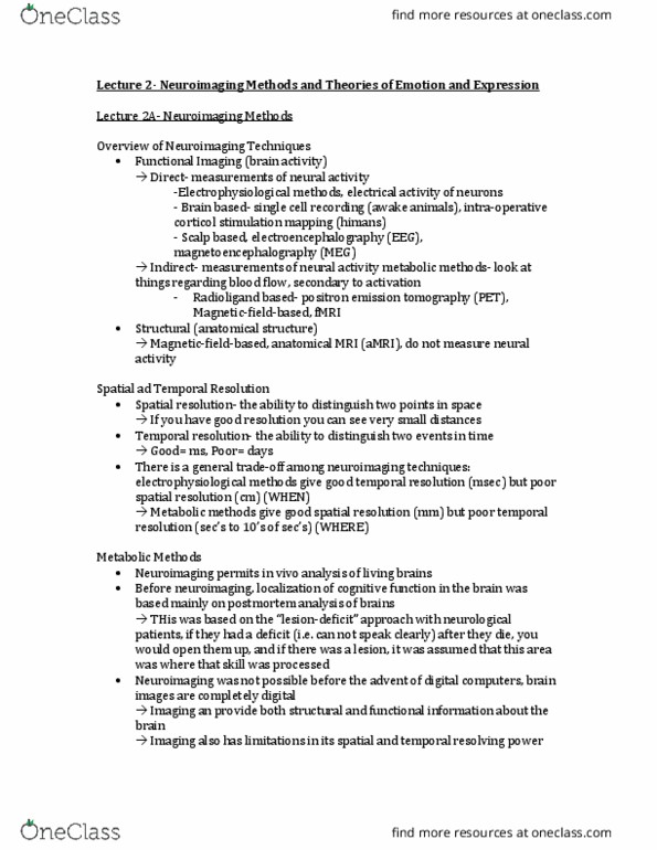 PSYCH 3H03 Lecture Notes - Lecture 2: Cerebral Circulation, Radioactive Tracer, Positron thumbnail