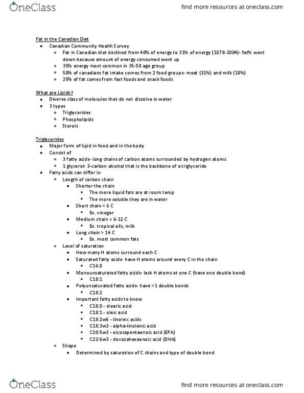 NFS284H1 Lecture Notes - Lecture 10: Saturated Fat, Triglyceride, Monounsaturated Fat thumbnail