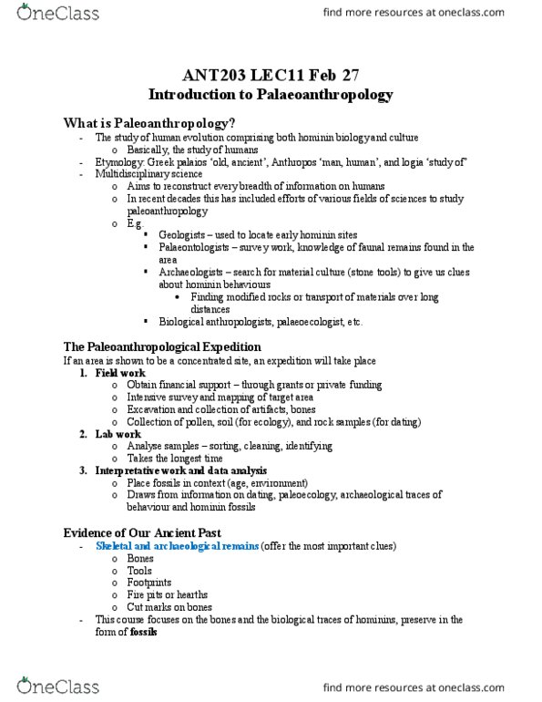 ANT203H5 Lecture Notes - Lecture 11: Palaios, Paleoanthropology, Hominini thumbnail
