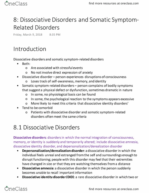 PSYC 210 Chapter Notes - Chapter 8: Psychogenic Amnesia, Dissociative Disorder, Anxiety Disorder thumbnail