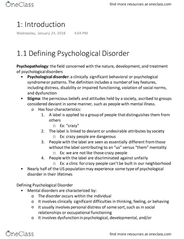PSYC 210 Chapter Notes - Chapter 1: Personal Distress, Psychopathology, Behaviorism thumbnail