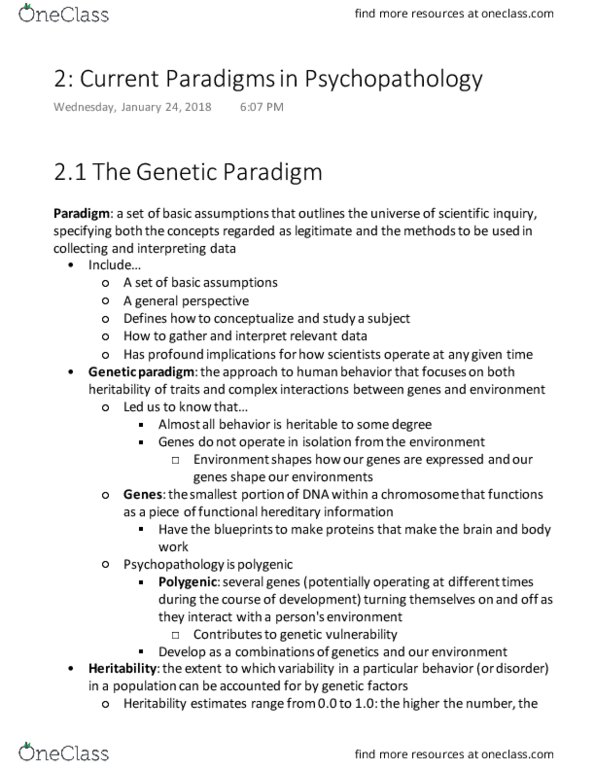 PSYC 210 Chapter Notes - Chapter 2: Heritability, Psychopathology, Gene Expression thumbnail