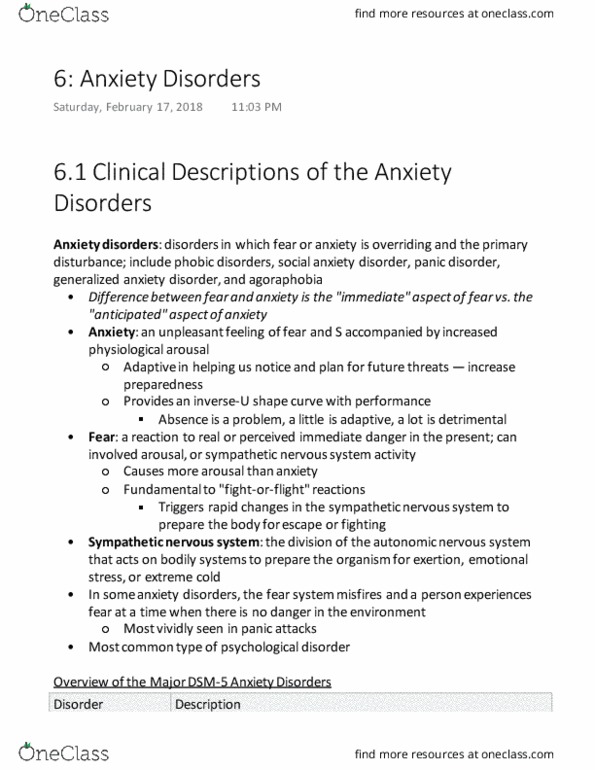 PSYC 210 Chapter Notes - Chapter 6: Social Anxiety Disorder, Generalized Anxiety Disorder, Sympathetic Nervous System thumbnail