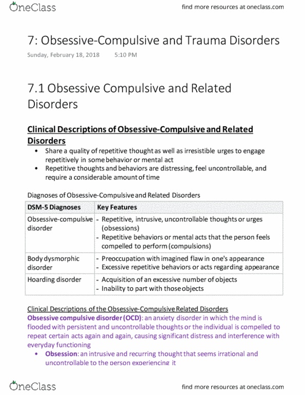 PSYC 210 Chapter Notes - Chapter 7: Obsessive–Compulsive Disorder, Body Dysmorphic Disorder, Abundant Number thumbnail