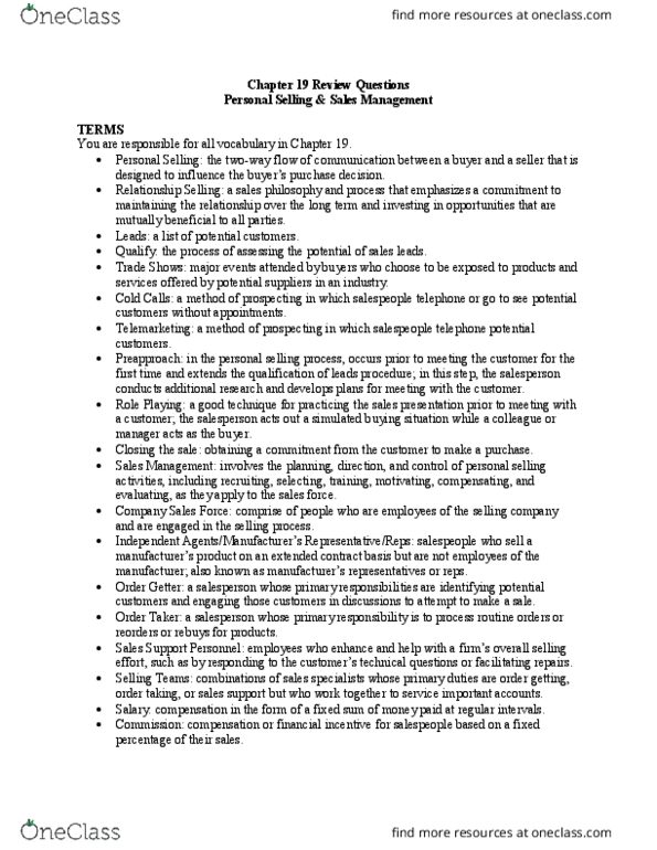 MKT-3010 Lecture Notes - Lecture 19: Personal Selling, Telemarketing, Time Management thumbnail