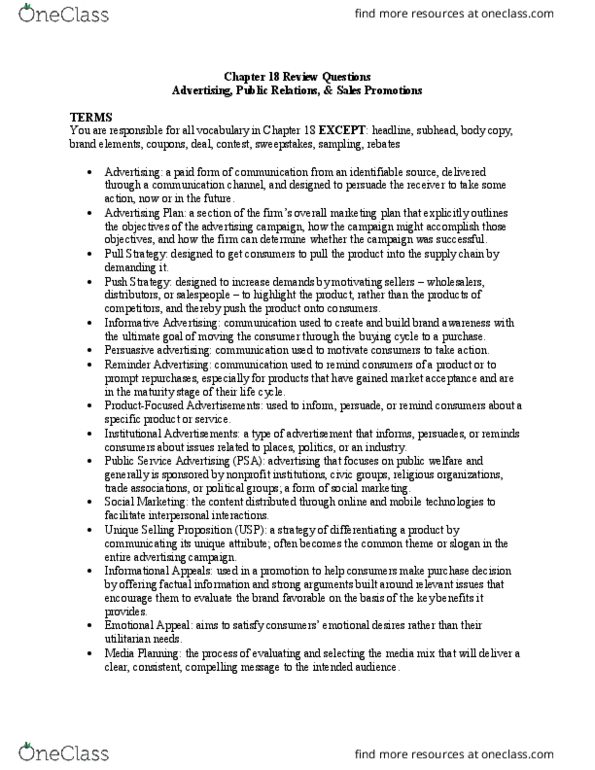 MKT-3010 Lecture Notes - Lecture 18: Unique Selling Proposition, Media Mix, Institute For Operations Research And The Management Sciences thumbnail