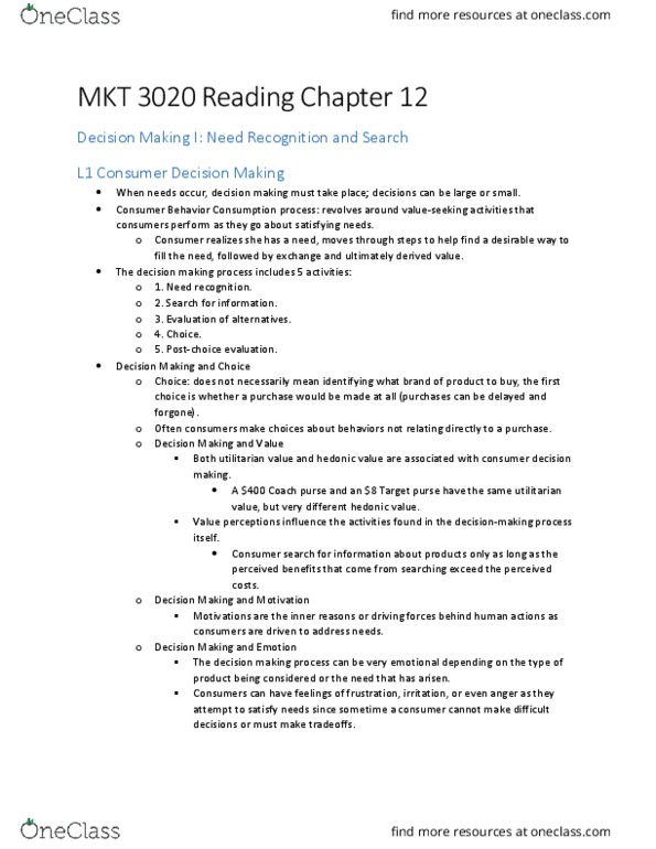 MKT-3020 Lecture Notes - Lecture 12: Reference Group, Satisficing, Information Overload thumbnail
