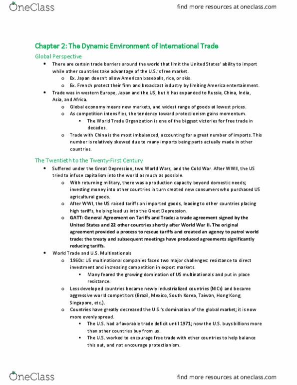 MKT 4270 Chapter Notes - Chapter 2: Newly Industrialized Country, Protectionism, General Agreement On Tariffs And Trade thumbnail