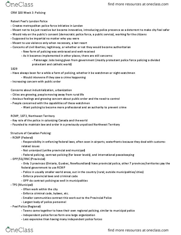 CRM 100 Lecture Notes - Lecture 3: Metropolitan Police Service, Ordnungspolizei, Protestantism thumbnail