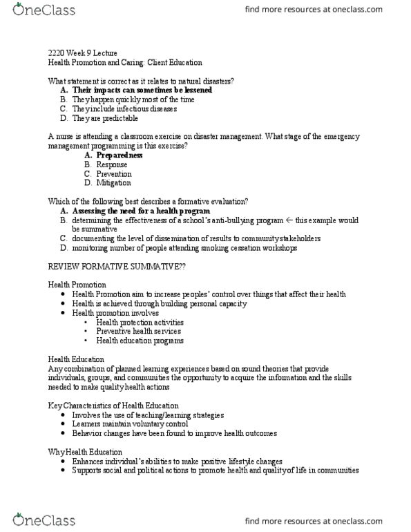 Nursing 2220A/B Chapter Notes - Chapter 9: Smoking Cessation, Emergency Management, Health Education thumbnail