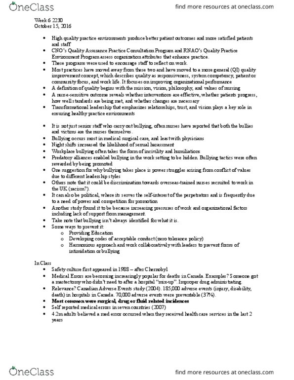 Nursing 2230A/B Chapter Notes - Chapter 6: Workplace Bullying, Medical Error, Safety Culture thumbnail