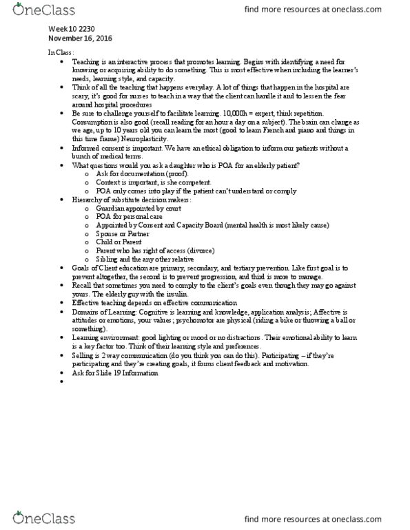 Nursing 2230A/B Chapter Notes - Chapter 10: Informed Consent, Neuroplasticity, Learning Environment thumbnail