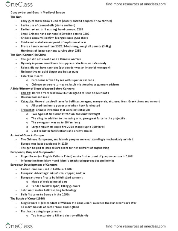 HIS 106 Lecture Notes - Lecture 7: Hand Cannon, Ballista, Siege Engine thumbnail