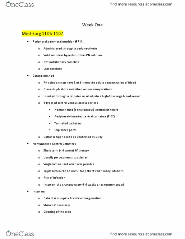 Nursing 3910A/B Chapter Notes - Chapter 1: Trendelenburg Position, Parenteral Nutrition, Percutaneous thumbnail