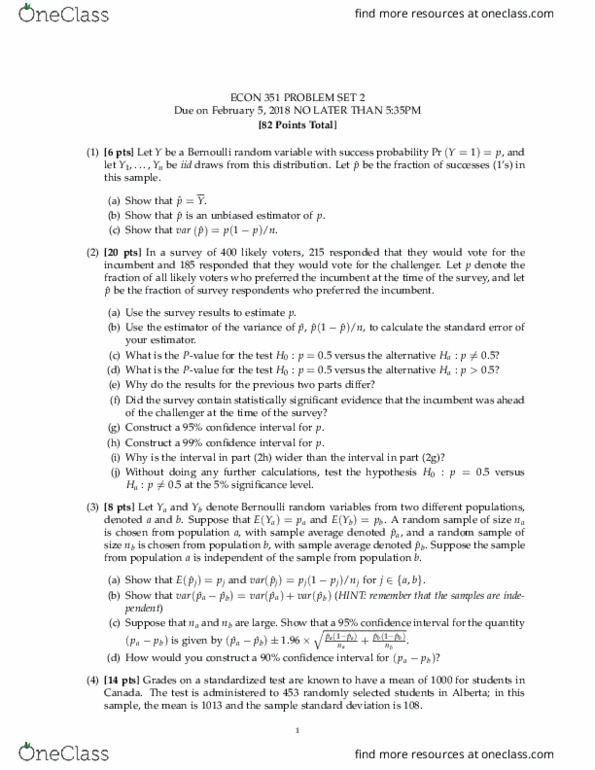 ECON 351 Lecture Notes - Lecture 3: Bernoulli Distribution, Bias Of An Estimator, Joule thumbnail