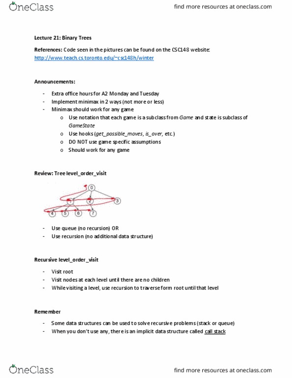 CSC148H1 Lecture Notes - Lecture 21: Implicit Data Structure, Binary Tree, Call Stack thumbnail