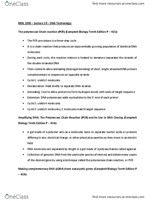 BIOL 1030 Lecture Notes - Lecture 19: Polymerase Chain Reaction, Molecular Sieve, Complementary Dna thumbnail