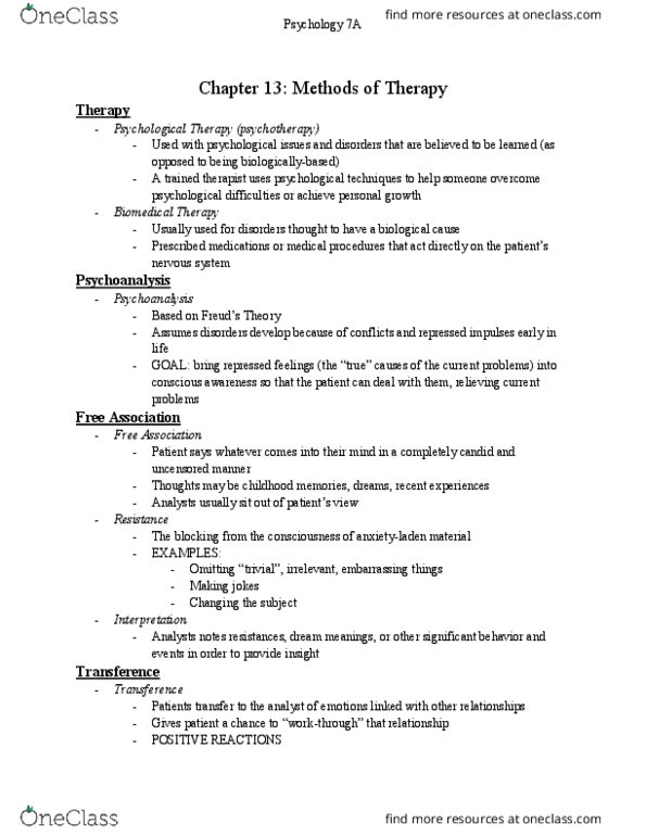 PSYCH 7A Lecture Notes - Lecture 9: Psychological Repression, Prescription Drug, Reality Therapy thumbnail