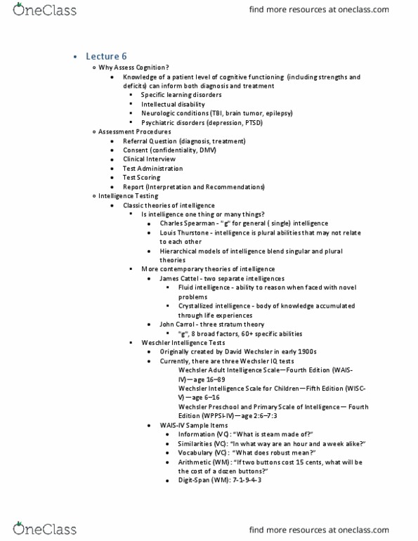 PSYC 124 Lecture Notes - Lecture 6: David Wechsler, Louis Leon Thurstone, Fluid And Crystallized Intelligence thumbnail