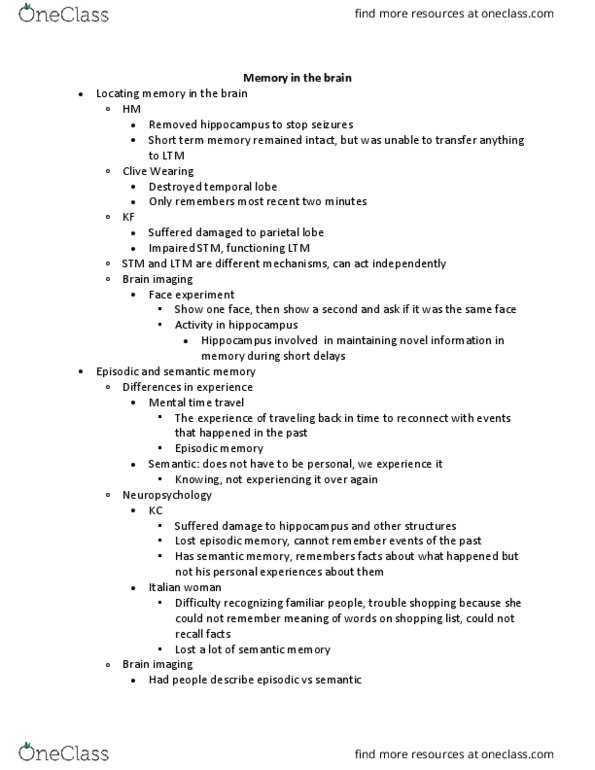 PSYC 2501 Chapter Notes - Chapter 6.2: Episodic Memory, Parietal Lobe, Clive Wearing thumbnail