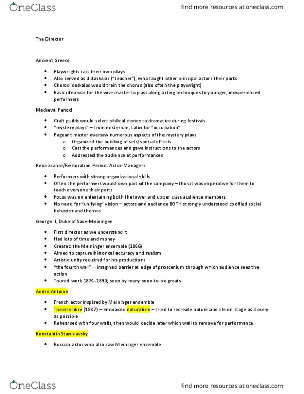 THEA 1206 Lecture Notes - Lecture 12: Konstantin Stanislavski, Fourth Wall, Proscenium thumbnail