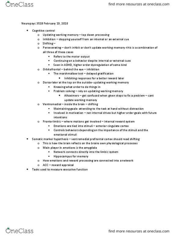 PSYC 351B Lecture Notes - Lecture 11: Ventromedial Prefrontal Cortex, Somatic Marker Hypothesis, Limbic System thumbnail