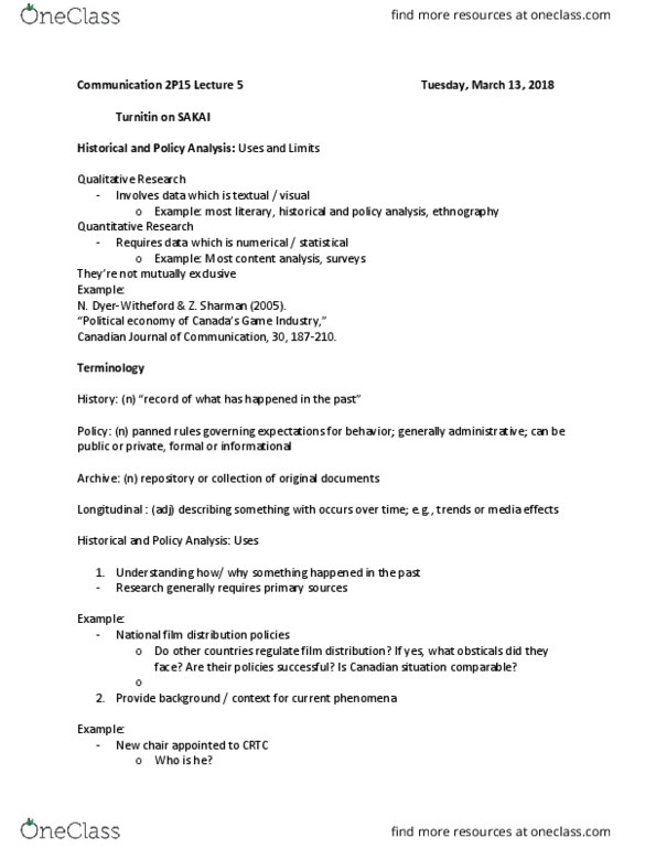 COMM 2P15 Lecture Notes - Lecture 5: Turnitin, Content Analysis, Ethnography thumbnail