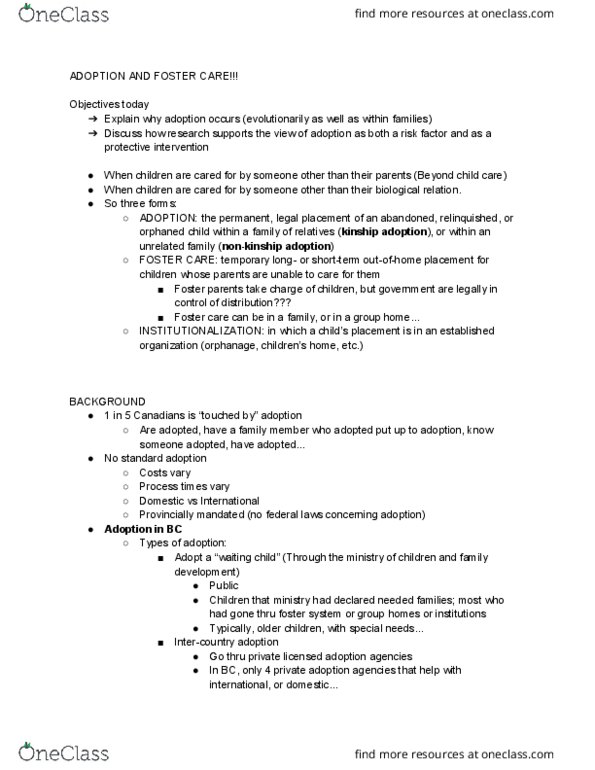 PSYC 319 Lecture Notes - Lecture 10: Foster Care, Avail, Reciprocal Altruism thumbnail