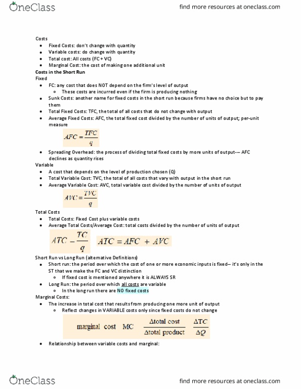 ECON 2005 Lecture Notes - Lecture 15: Average Variable Cost, Fixed Cost, Marginal Cost thumbnail