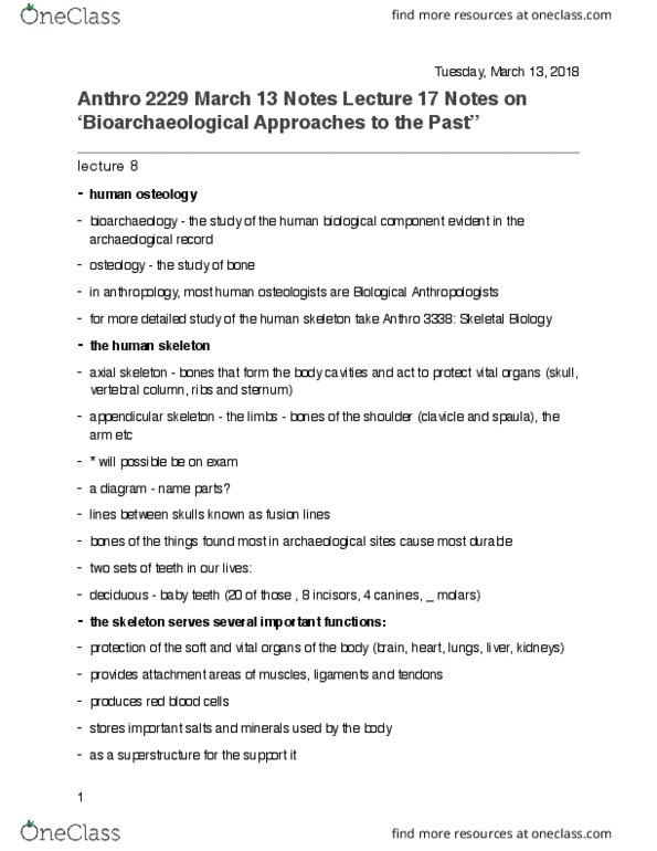 Anthropology 2229F/G Lecture Notes - Lecture 17: Appendicular Skeleton, Axial Skeleton, Bioarchaeology thumbnail