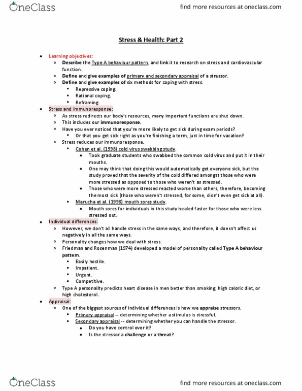 PSYA02H3 Lecture Notes - Lecture 21: Immune System, Mouth Ulcer, Type A And Type B Personality Theory thumbnail