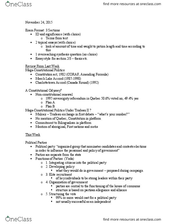 Political Science 2230E Lecture Notes - Lecture 12: Charlottetown Accord, First Nations, First Party System thumbnail