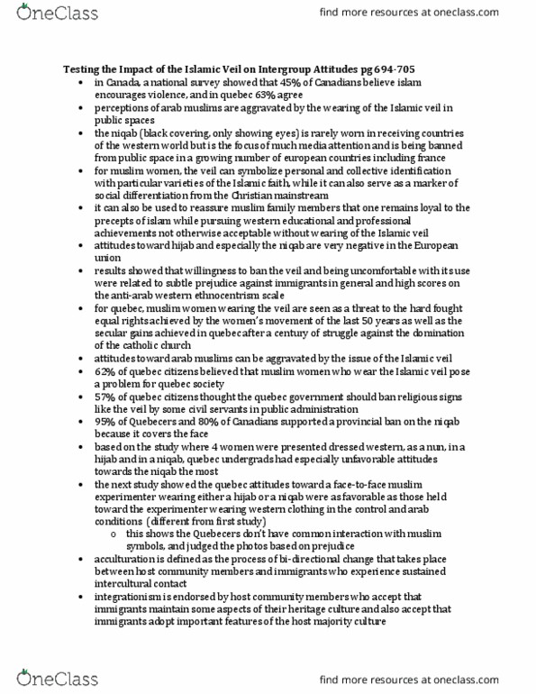 SOC311H1 Chapter Notes - Chapter Pg 694-705: Acculturation, Ethnocentrism, Ingroups And Outgroups thumbnail