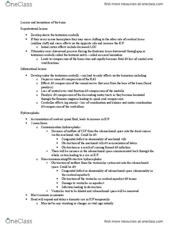 Nursing HDP401 Lecture Notes - Lecture 5: Tentorium Cerebelli, Brain Herniation, Arachnoid Granulation thumbnail