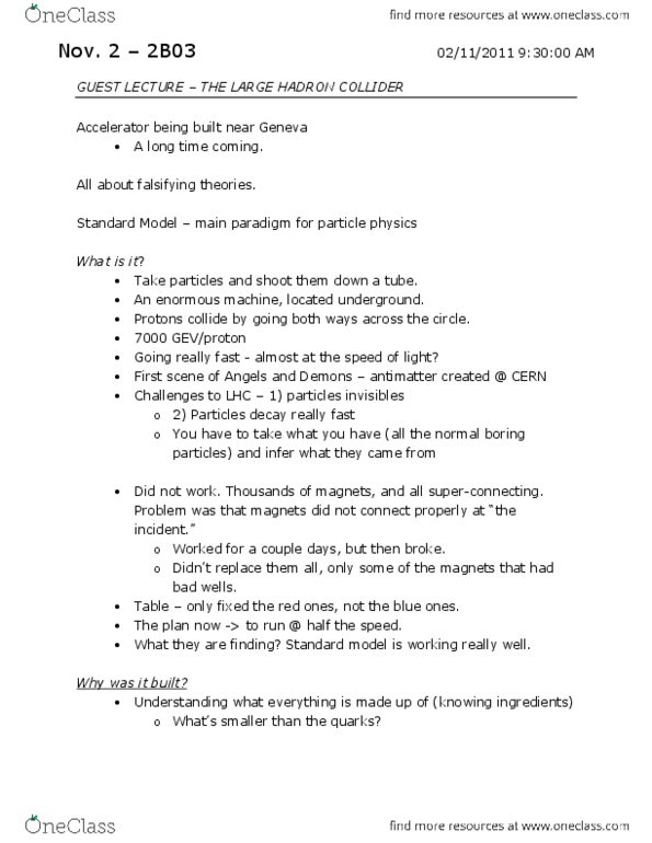 ASTRON 2B03 Lecture Notes - Higgs Mechanism, Large Hadron Collider, Cern thumbnail