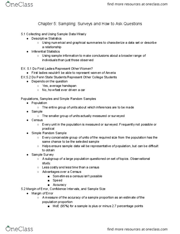 STATS 7 Lecture Notes - Lecture 5: Simple Random Sample, Observational Study, Royal Institute Of Technology thumbnail